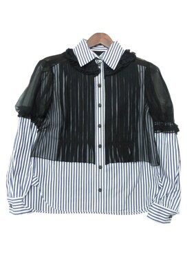 Chanel Blouse Striped Lace Chiffon Long Sleeve Top Camellia Button Cotton Silk